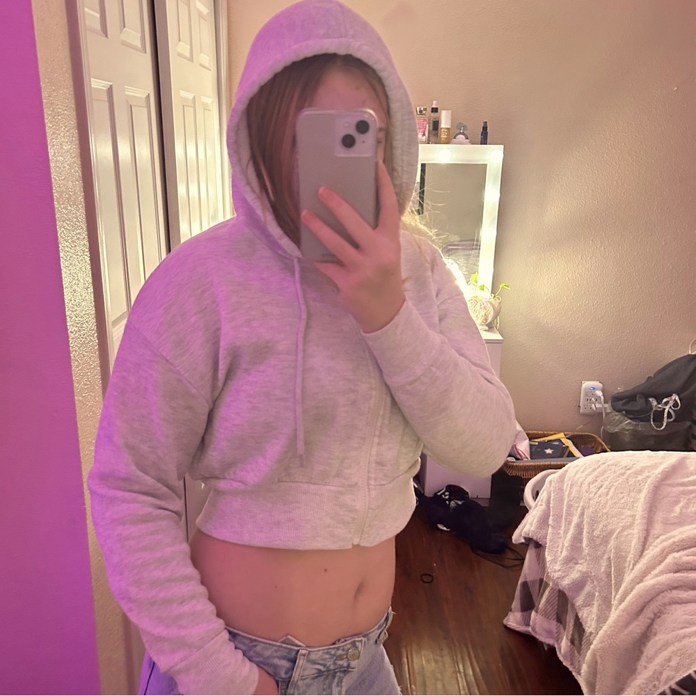 orange kiss • cropped light grey jacket